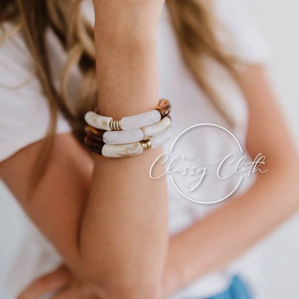 White & Brown Stackable Bead Bracelet Set
